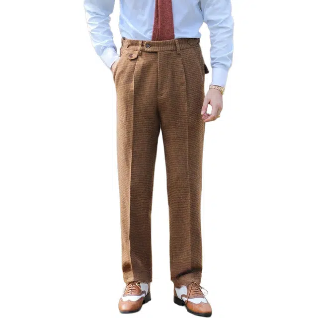 大格子与黑猫 法式复古羊毛粗花呢高腰长裤那不勒斯腰头厚款结婚卷边修身西装裤 男款