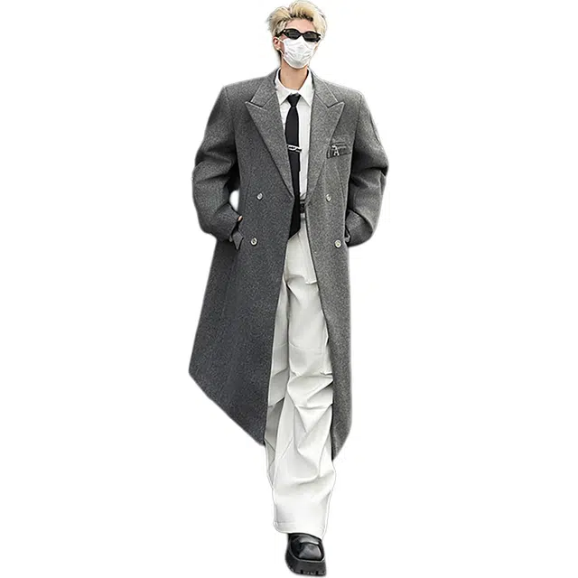 徐百货 美式高街潮牌百搭正肩毛呢秋冬中长款过膝外套潮流高级感痞帅双排扣呢子大衣 男女同款