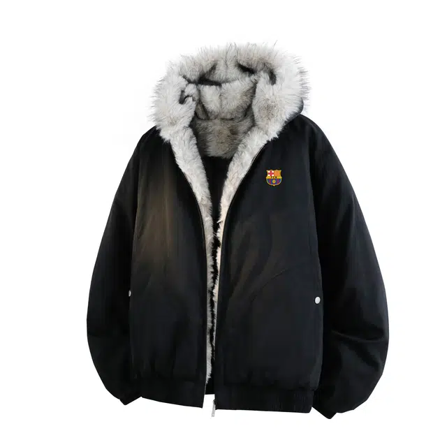 巴塞罗那足球俱乐部 美式复古纯色简约基础款连帽舒适百搭休闲户外保暖高级感飞行外套通勤日常长袖棉服 男女同款