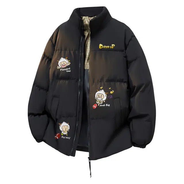 喜羊羊与灰太狼 美式复古高街懒羊羊趣味搞怪卡通印花百搭潮流多巴胺上衣外套学院风休闲日常通勤宽松立领撞色拼接拉链防寒保暖面包棉服 男女同款