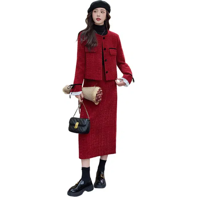 袋鼠 小香风白鸭绒外套轻奢高级感名媛裙子两件套裙装套装 女款