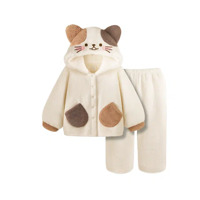 米囹 可爱小猫咪连帽珊瑚绒女冬季加绒加厚保暖冬天家居服睡衣套装 女款