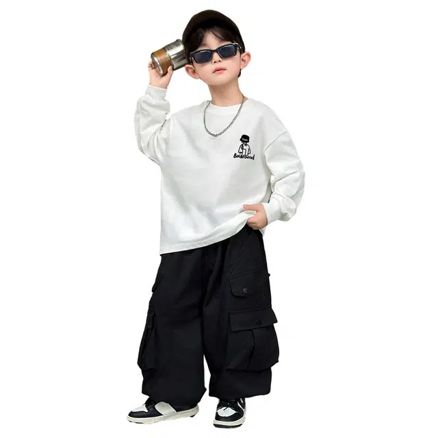 浪莎休闲运动套装 春秋 帅气卡通印花两件套 白色 中小童