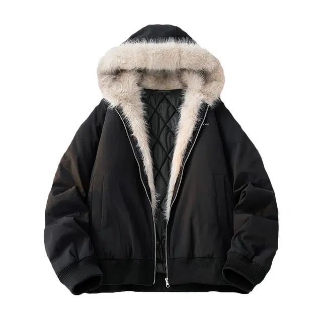 太子龍 美式复古加绒毛领宽松连帽派克棉服 男女同款