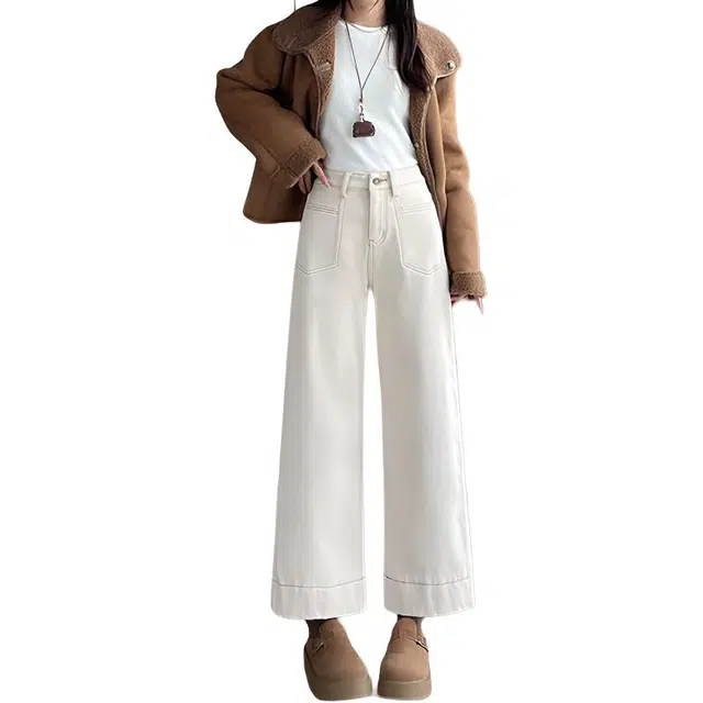 如续 韩系简约时尚百搭气质长裤直筒加绒女秋冬辣妹宽松显瘦九分小个子阔腿牛仔裤 女款