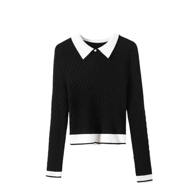 晚白 撞色翻领修身上衣气质百搭休闲套头针织衫 女款