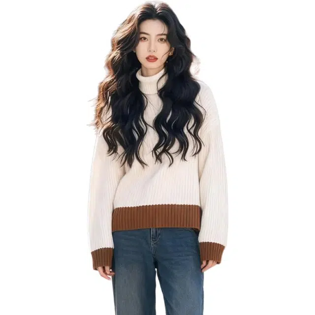 丝絮丝绸 冬季韩系高领宽松减龄时尚百搭松弛感慵懒风撞色上衣针织衫 女款