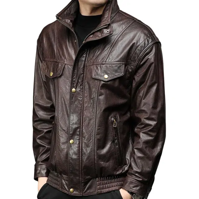 太子龍 品牌高端牛皮真皮春秋季时尚防风机车皮夹克中青年外套皮衣 男款