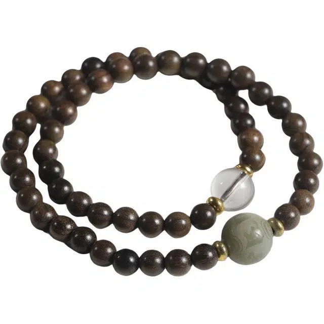 素于 新中式国潮文玩双圈叠戴手持佛珠清冷国风小众设计六字箴言转运珠日常通勤盘玩念珠 好运 阴沉木 木作手串 男女同款情侣款