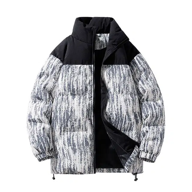 棉基因 冬季撞色拼接迷彩涂鸦优质棉棒球服保暖高个小个子日系男简约潮流夹棉袄子美式高街工装风青少年职场通勤学院风棉衣外套 男女同款