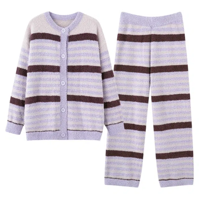 潞优野 高级感半边绒条纹家居服复古秋冬季韩系减龄加厚加绒保暖慵懒开衫 睡衣套装 女款