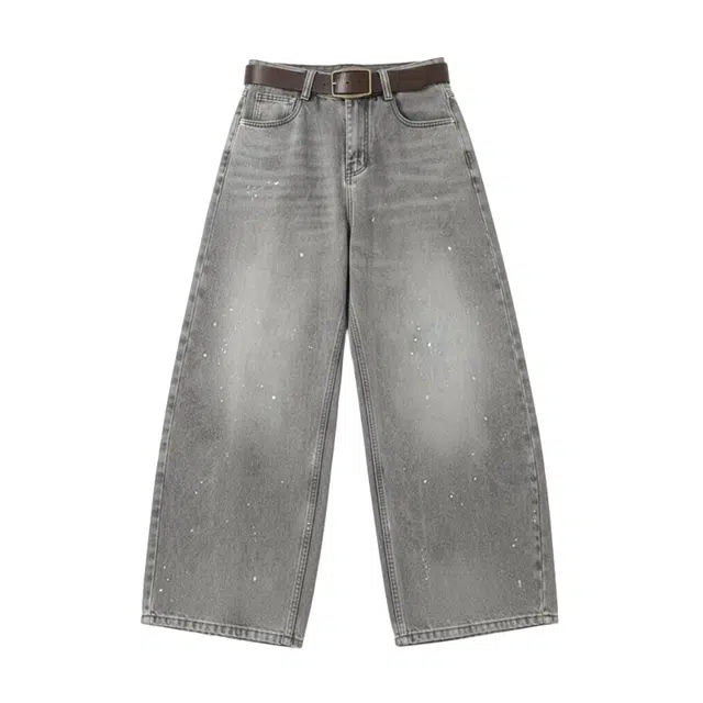 半空山 美式高街复古水洗做旧泼墨弯刀裤潮流宽松百搭拖地阔腿牛仔裤 男女同款