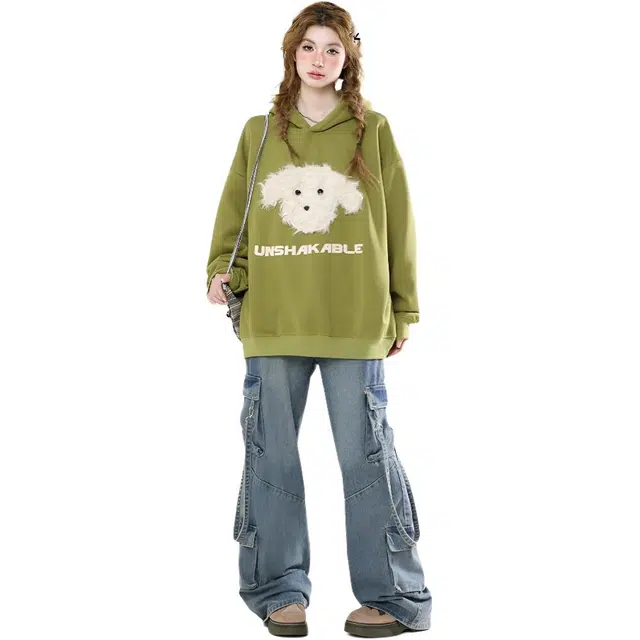 囍鱼少女 毛绒可爱小狗贴布宽松休闲百搭情侣连帽女长袖上衣外套卫衣 女款