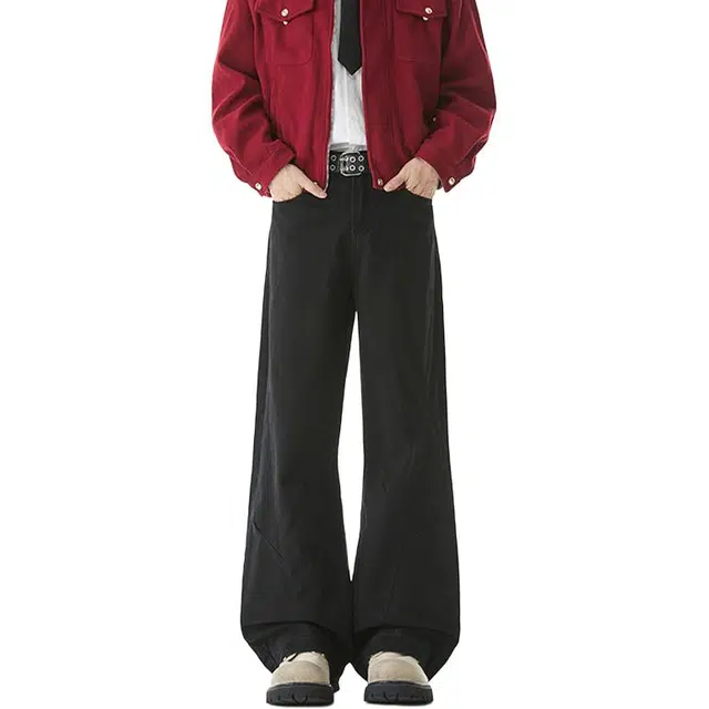 佐菲利 美式重磅拼接弯刀裤复古水洗做旧宽松百搭运动阔腿长裤工装裤 男女同款