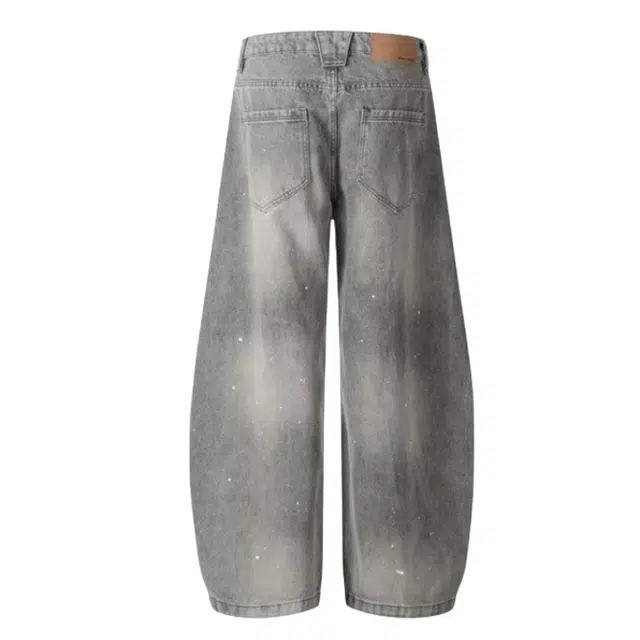 半空山 美式高街复古水洗做旧泼墨弯刀裤潮流宽松百搭拖地阔腿牛仔裤 男女同款