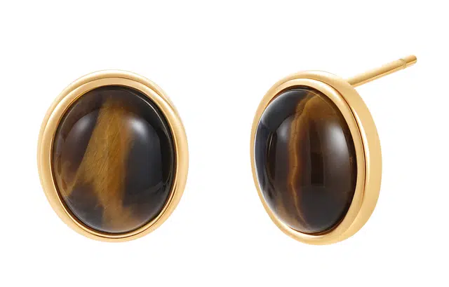 六福珠宝 复古风简约椭圆形经典大气木变石银耳饰 虎眼石 玉石耳钉 女款