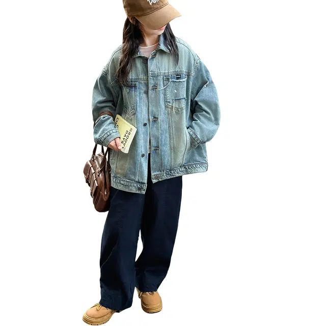 蓝彩何上装 女童夹棉牛仔外套街头时髦秋款儿童装上衣服宽松夹克衫男童薄棉衣