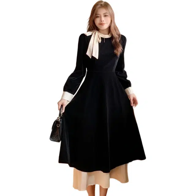 丝絮丝绸 撞色蝴蝶结法式荷叶边微胖显瘦长款长袖连衣裙 女款