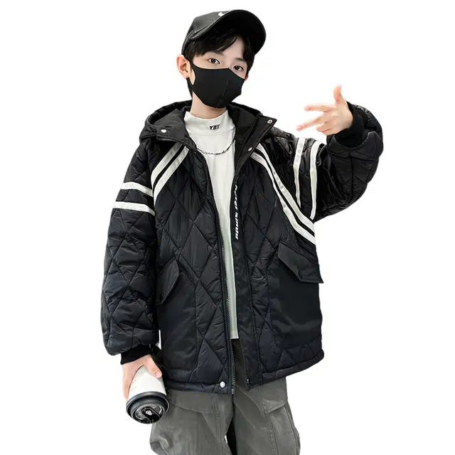 浪莎休闲棉衣 冬季 夹棉保暖连帽棉服 黑色 青少年