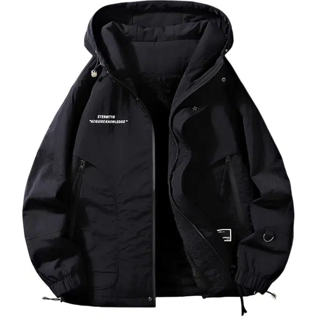 洋气先生 美式复古系列潮牌胸口字母印花连帽加绒设计痞帅高级感长袖上衣休闲舒适防风日常通勤徒步无性别主义百搭冲锋外套夹克 男女同款