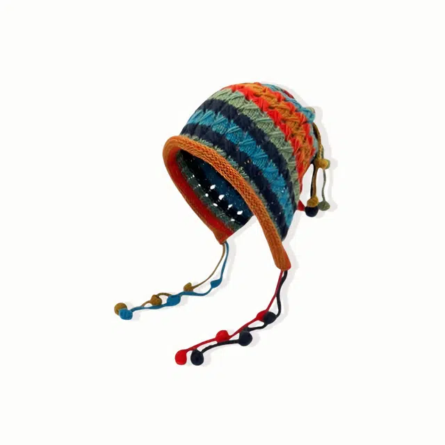 【复古风五彩色球球】 无限兔 韩版手工毛球流苏手工针织帽时尚百搭护耳秋冬大头围保暖包头帽系带套头冷帽 腈纶 绒线帽 男女同款情侣款