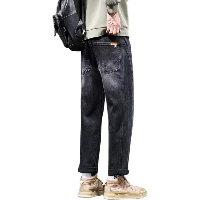 协协乐 美式复古扎染做旧拼接氛围感秋冬季宽松直筒锥形九分萝卜裤青少年痞帅机能风百搭休闲运动长裤牛仔裤 男款