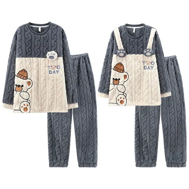 向薇 珊瑚绒长袖长裤春秋冬季情侣圆领加厚保暖家居服睡衣套装 男女同款