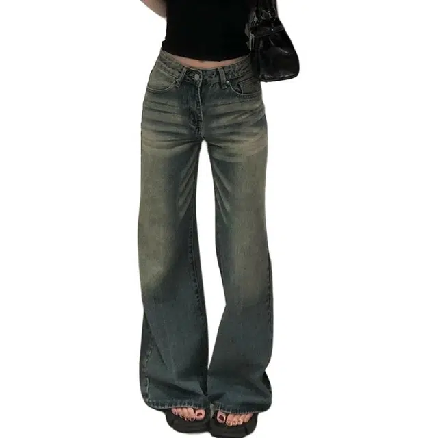 如续 美式复古不贴腿微喇叭辣妹低腰宽松显瘦阔腿牛仔裤 女款