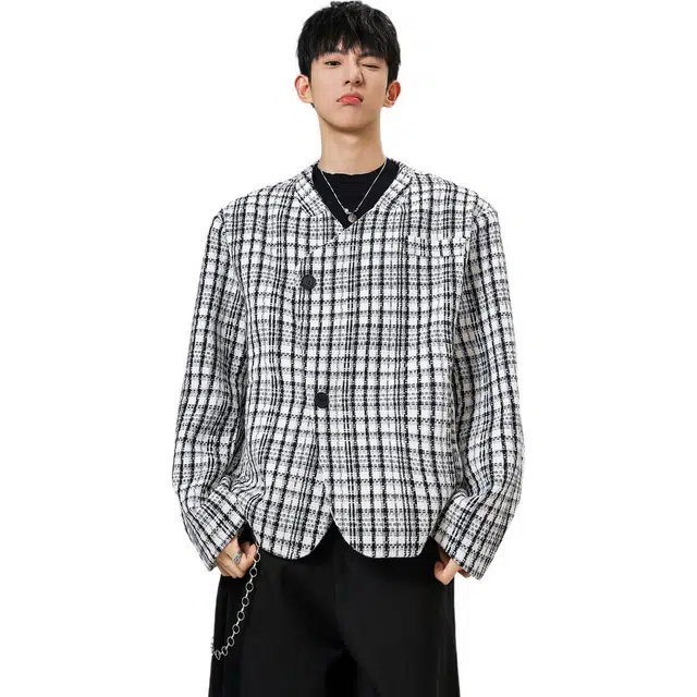 加荣 秋冬斜扣格子外套男款美式复古男士小西服时尚潮牌男装宽松慵懒感外衣男休闲百搭开衫男小众设计感穿搭西装夹克 男女同款