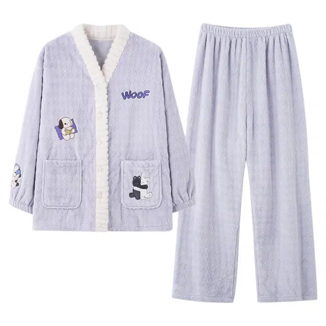 潞优野 高端日系法兰绒家居服可外穿秋冬季防寒保暖舒适长袖长裤加厚加绒甜美可爱卡通 睡衣套装 女款