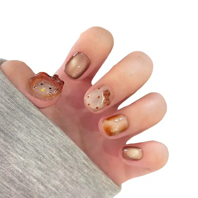 爱鼎琪 【捏捏猫】戴帽猫咪超可爱手工美甲捏捏戴帽子指甲秋冬波点  穿戴甲 短款咖色晕染 卡通