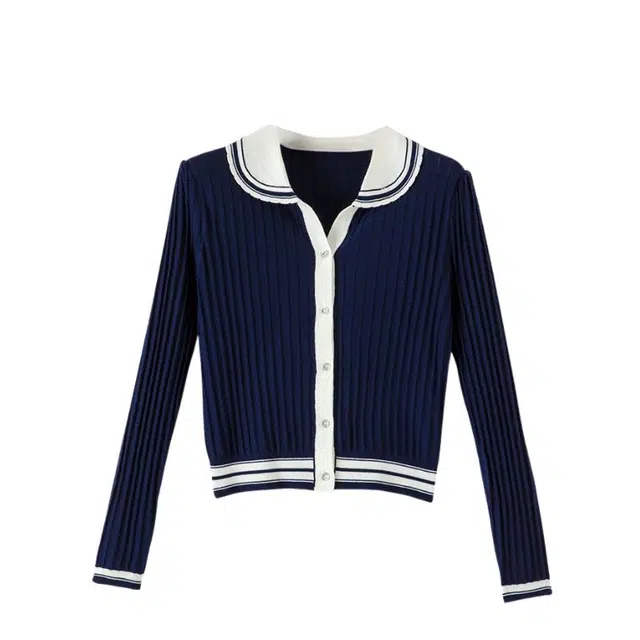 晚白 含羊毛气质上衣翻领修身时尚百搭短针织开衫 女款