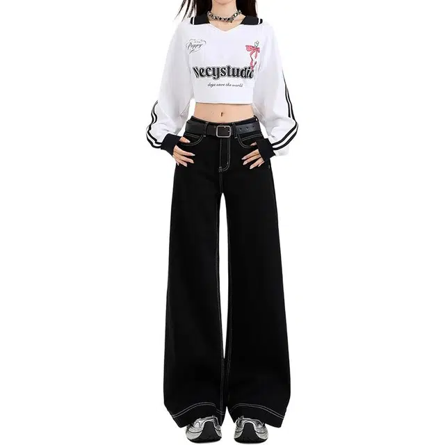 如续 美式复古潮流百搭基础款阔腿长裤舒适休闲垂感加绒厚款秋冬拖地牛仔裤 女款