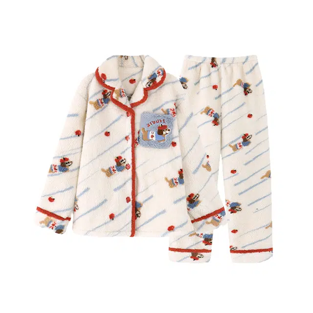 米囹 翻领开衫秋冬季加厚保暖女卡通甜美学生家居服睡衣套装 女款