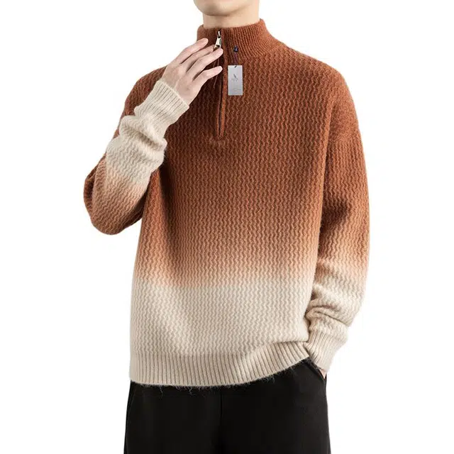 袋鼠 秋冬半高拉链领渐变色宽松百搭舒适休闲长袖时尚潮流基础款打底衫针织衫 男女同款