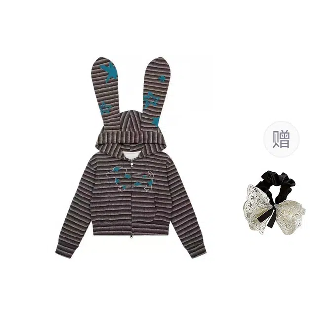 涂诗菲 美式复古潮流时尚撞色条纹刺绣涂鸦设计感显瘦慵懒风长袖外套卫衣 女款