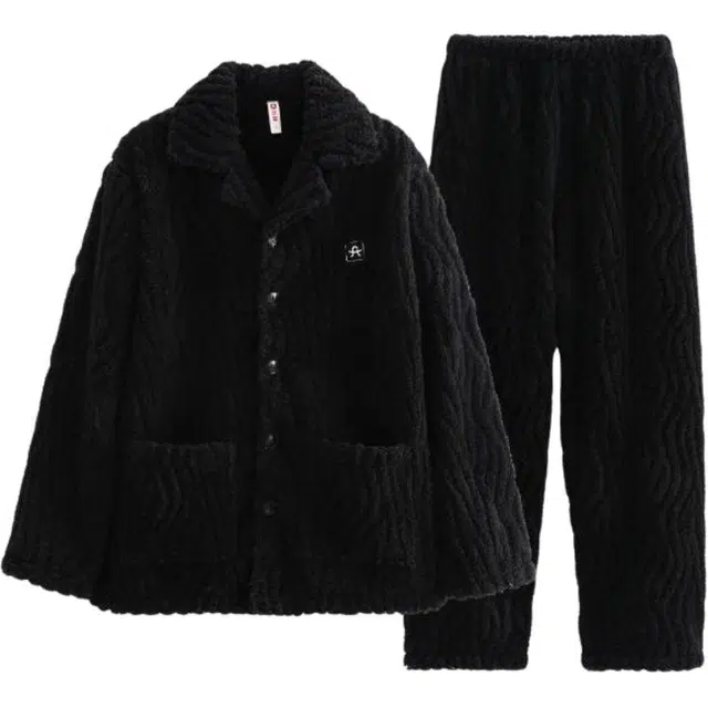 芬腾 珊瑚绒男秋季提花翻领加绒加厚外穿家居服睡衣套装 男款