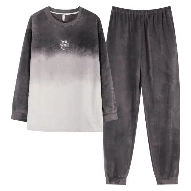 俏霓桐 厚款法兰绒加绒加厚保暖防寒蓄温简约时尚渐变色圆领家居服可外穿睡衣套装 男款