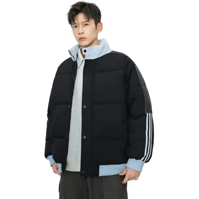 洋气先生 美式高街复古简约纯色基础款拼接肩袖条纹无性别主义加厚保暖宽松柔软潮流棉衣日常通勤百搭潮牌休闲长袖立领棉服 男女同款