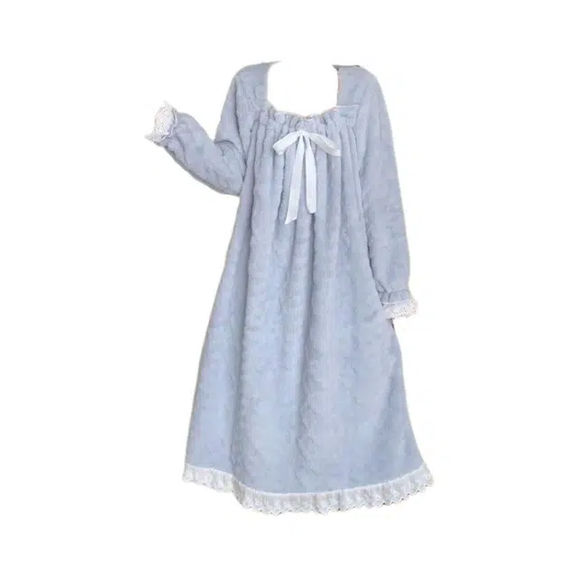 米囹 冬季睡衣珊瑚绒睡裙花边中长纯色少女甜美宽松加厚家居服睡袍 女款