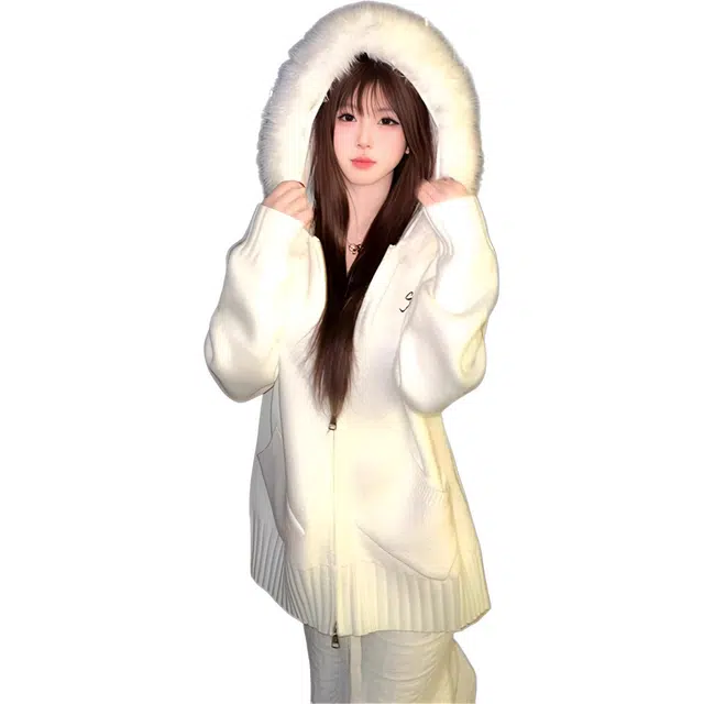 囍鱼少女 软糯白色连帽开衫女秋冬季可拆毛领宽松慵懒上衣针织衫 女款