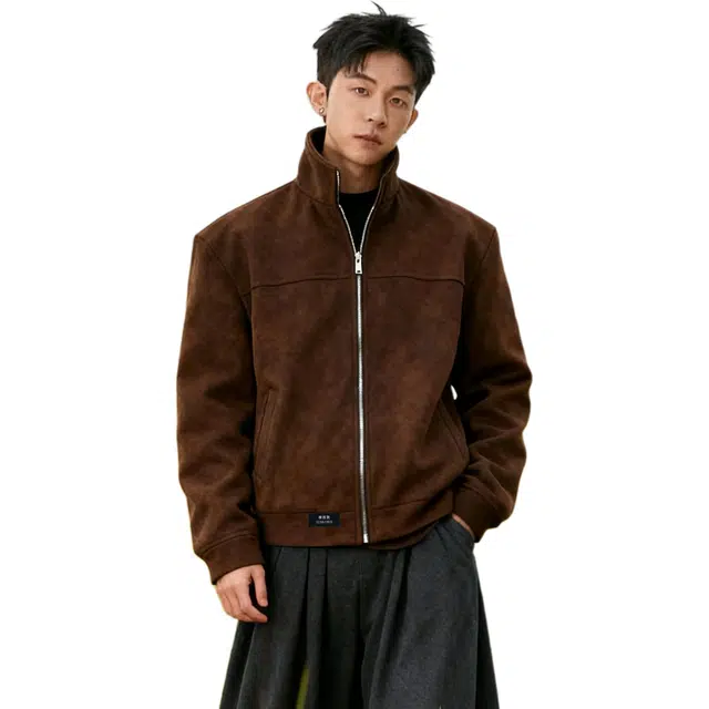 徐百货 美拉德仿麂皮磨砂高级感外套春秋季穿搭潮牌痞帅翻领纯色秋冬美式复古教练夹克 男女同款