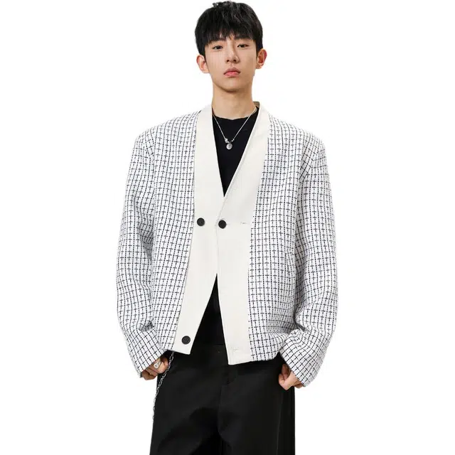 加荣 美式痞帅撞色外套男款拼接小香风秋冬季开衫外衣男小众设计感衫男休闲百搭工装男士时尚潮流男装上衣夹克 男女同款