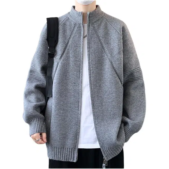 爱爸爸 拉链高级感开衫韩系慵懒风立领针织衫 男女同款