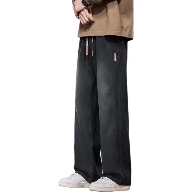 瑞梵帝斯 秋冬莱赛尔天丝垂顺美式潮牌水洗做旧复古简约基础款长裤宽松直筒系带百搭显高显瘦拖地外穿休闲裤 男款