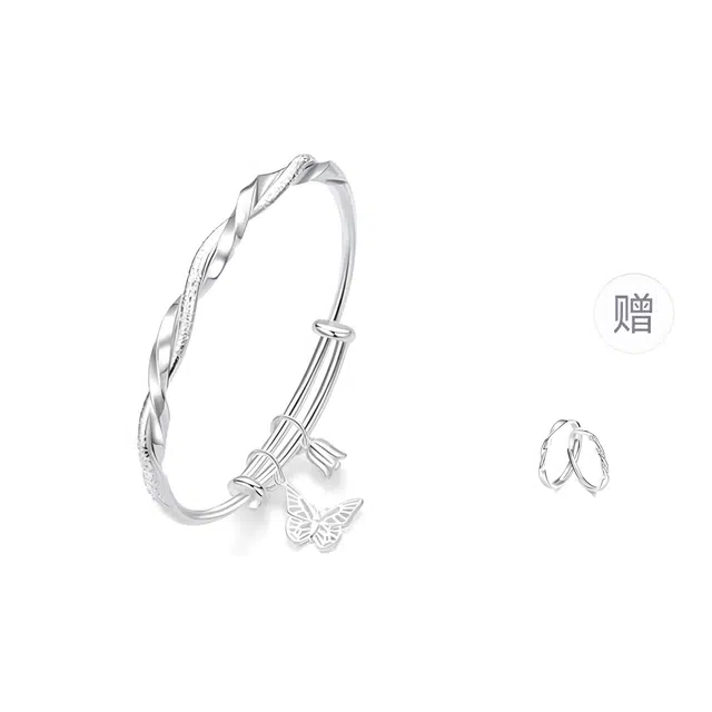 尚银福 莫比乌斯蝴蝶铃兰花 新中式复古国风轻奢高级感甜美少女心创意设计 精致简约时尚气质素圈镯子推拉可调节赠戒指 合金 手镯 女款