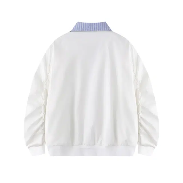 加荣 拼色条纹刺绣翻领外套小众设计感棒球服潮牌宽松舒适假两件休闲拼接飞行夹克 男女同款