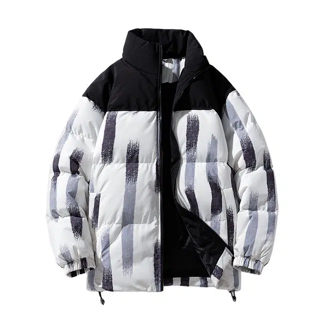 棉基因 冬季扎染撞色拼接涂鸦优质棉棒球服保暖高个小个子日系男简约潮流夹棉袄子美式高街工装风青少年职场通勤学院风棉衣外套 男女同款