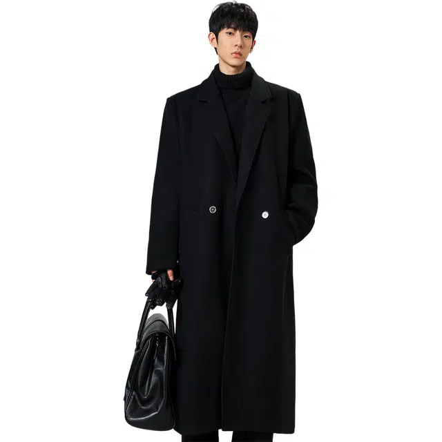 徐百货 秋冬季加厚韩系英伦风中长款毛呢外套潮牌西装领过膝上衣休闲大衣 男女同款