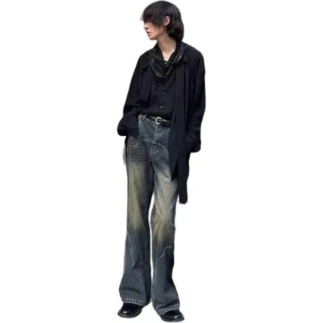 洞洞拐 美式复古水洗微喇直筒宽松阔腿裤小众设计感解构裤牛仔裤 男女同款